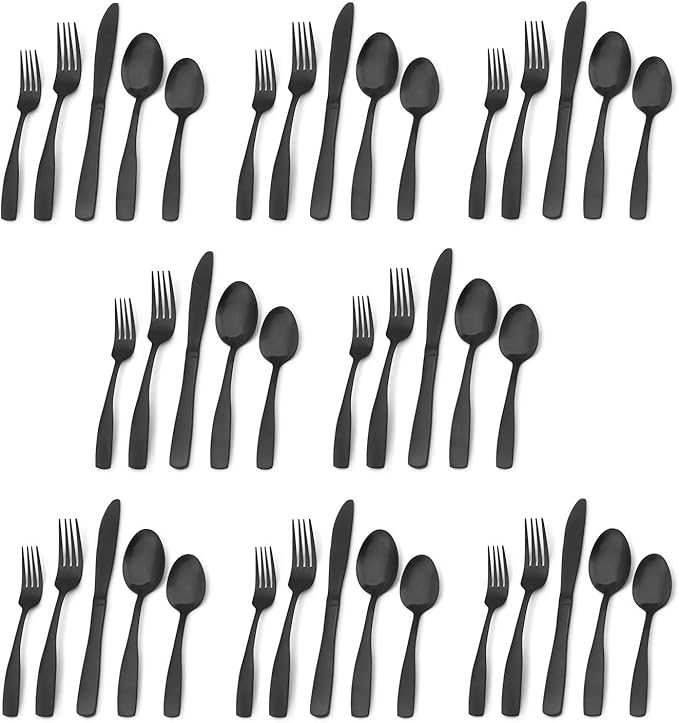 Matte Black Silverware Set, Bysta 40-Piece Stainless Steel Flatware Set, Kitchen Utensil Set Service for 8, Tableware Cutlery Set for Home and Restaurant, Satin Finish, Dishwasher Safe