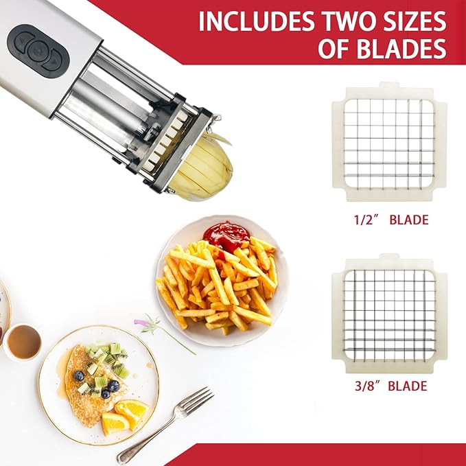 Electric French Fry Cutter, French Fry Cutter Stainless Steel with 1/2 & 3/8 Inch Blade, French Fries Cutter for Restaurants & Home Kitchen, Use for Potatoes Carrots, Cucumbers