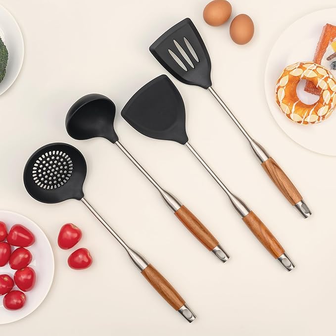 FJNATINH Silicone Spatula,Turner,Ladle,Skimmer Tool Set,Stainless Steel Non Stick Heat-Resistant Cooking Utensils BPA Free Kitchen Utensils Cookware Wooden Handle,4 Pieces