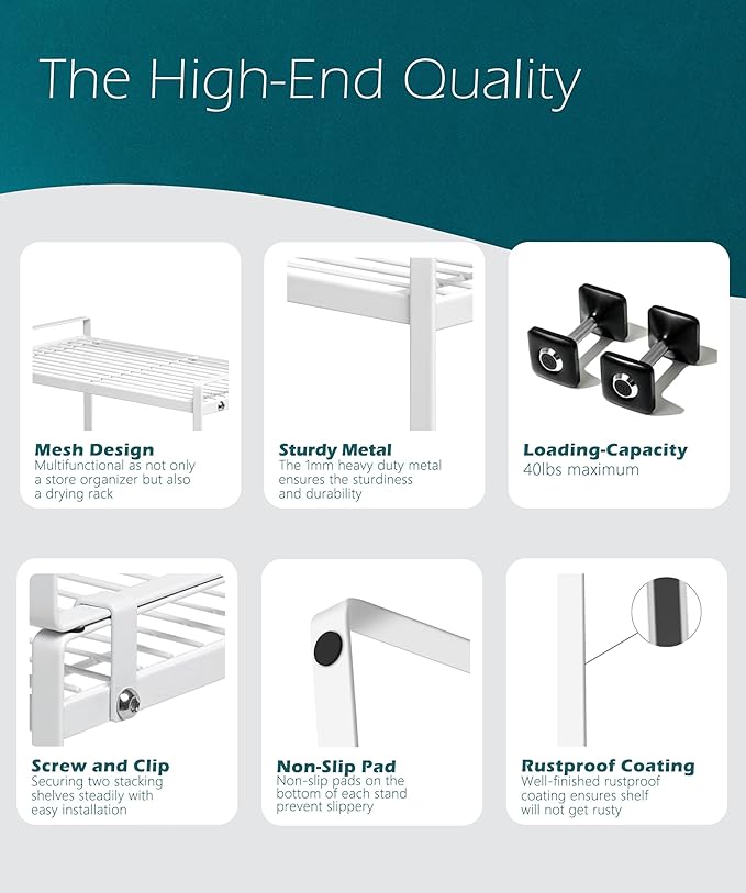 2pk Kitchen Cabinet Shelf Counter Organizer Rack Pantry Storage Bathroom Bedroom Office Table Desk Space Saving Steel Frame Stackable Rust Resistant Non Slip White-Tall- L13in W8.3in H9.5in