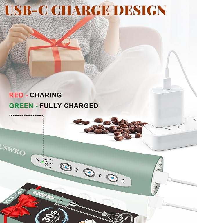 YUSWKO Milk Frother Handheld for Coffee with Stand, Rechargeable Drink Mixer with 3 Heads 3 Speeds Electric Coffee Frother Whisk, Gift for Many Occasions and Festival