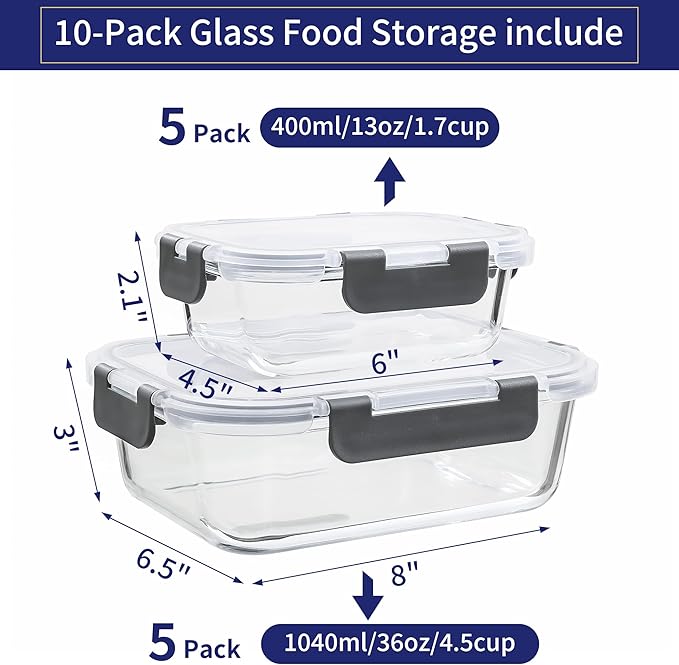 MFY 10-Pack Glass Storage Containers with Lids, Glass Meal Prep Containers Set, Airtight Lunch Containers with Lids, Microwave, Oven, Freezer and Dishwasher Safe, Gray