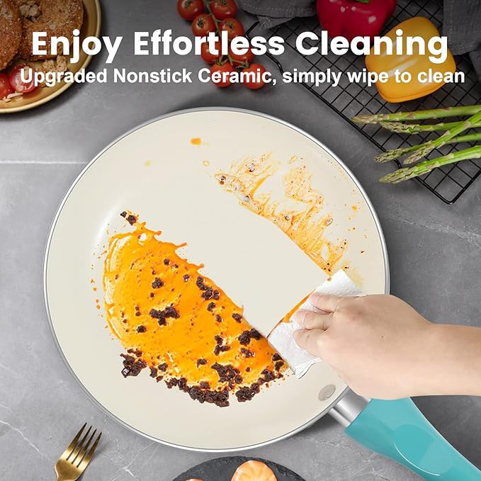 Pots and Pans Set Nonstick, 11pcs Kitchen Cookware Sets Induction Cookware, Ceramic Non Stick Cooking Set, Stay Cool Handle & Bamboo Kitchen Utensils, 100% PFOA Free, Turquoise