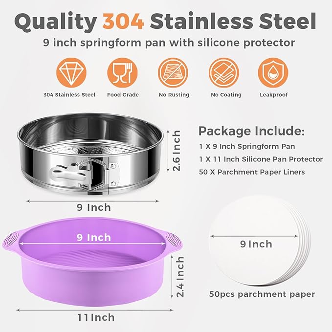 304 Stainless Steel Springform Pan 9 Inch Nonstick, Leakproof Cheesecake Pan with Removable Bottom, 9 Spring Form Pans for Cheesecake with Protector, 9 Inch Springform Cake Pans with 50Pcs Parchment