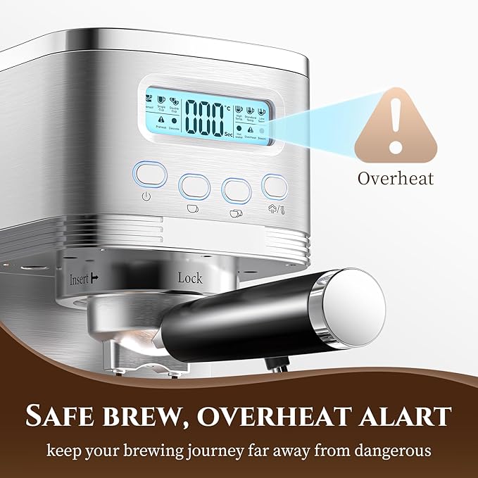 AMZCHEF Espresso Machine with LCD Display, 20 Bar Cappuccino Machines with Milk Frother for Home Gifts, Latte Coffee Maker with Dual Wall & Filters, Stainless Steel Style sliver
