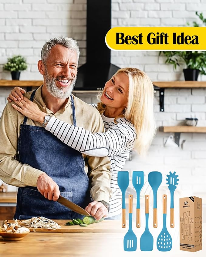 Silicone Kitchen Utensil Set for Non Stick Cookware, 7 Pcs Heat Resistant Cooking Utensils with Wooden Handle, BPA Free Kitchen Tools with Spatulas, Spoons, Skimmer and Pasta Fork (BLUE)