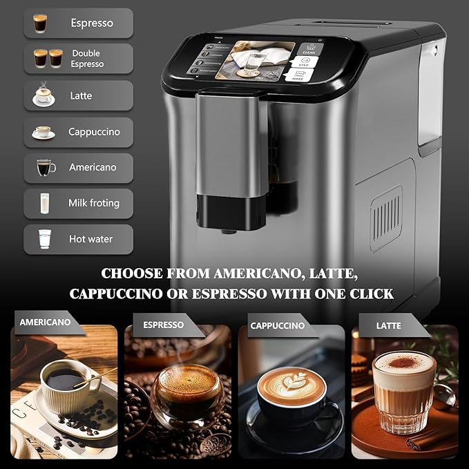 Fully Automatic Espresso Machine with Smart TFT Touchscreen, Brewing System and Automatic Milk Frothing System, 6 One-Touch Programs, 1.5L Detachable Water Tank for Home/Office Use, Grey