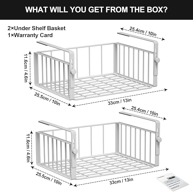 2Pack Under Shelf Basket Organizer,Adjustable Hanging Holder Storage for Cabinet Pantry Kitchen Cupboard Desk Counter Bookshelf Organization Add-on Space Saver Heavy Duty Slide-in,White