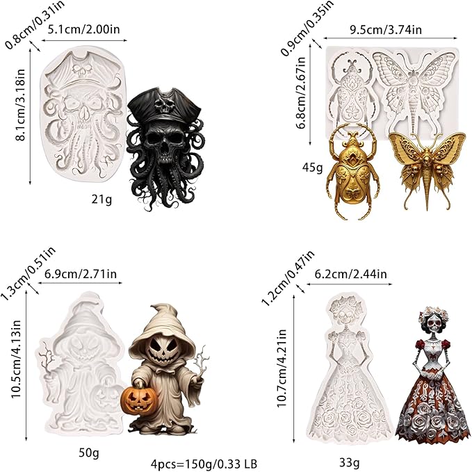 (Four-piece set) Skull of octopus with ghost face, butterfly, bug, Halloween skeleton grim reaper, skeleton bride, DIY silicone mold, chocolate mold wedding cake decoration tool soft candy cake mold