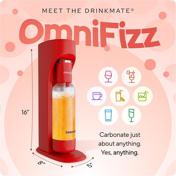 Drinkmate OmniFizz Sparkling Water and Soda Maker, Carbonates Any Drink, ULTIMATE BUNDLE - Includes three 60L CO2 Cylinders, Two Carbonation Bottles, and Fizz Infuser (Royal Red)