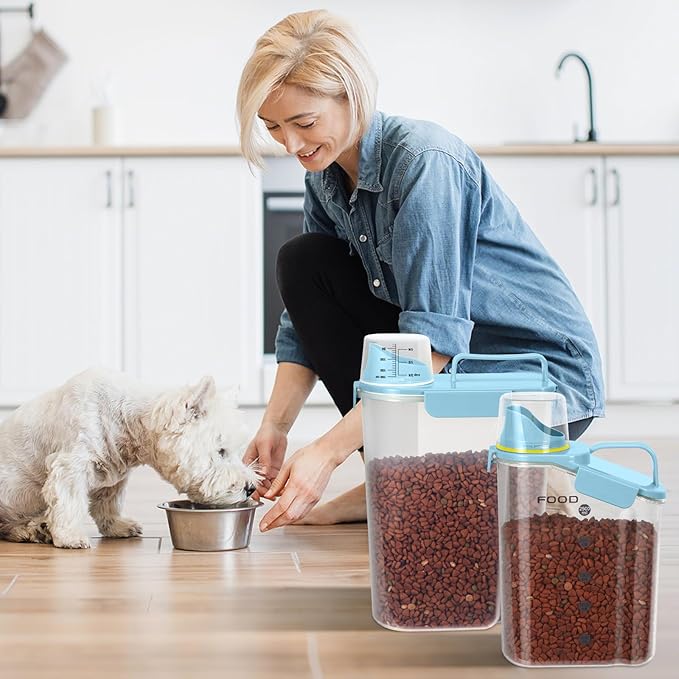 Dog Food Storage Container, Upgraded Large Nozzle BPA-free, 3-5 LBS Plastic Pet Food Storage Containers, With 4 Sealed Clasps, 1 Measuring Cup and Handle (Bright blue-A)