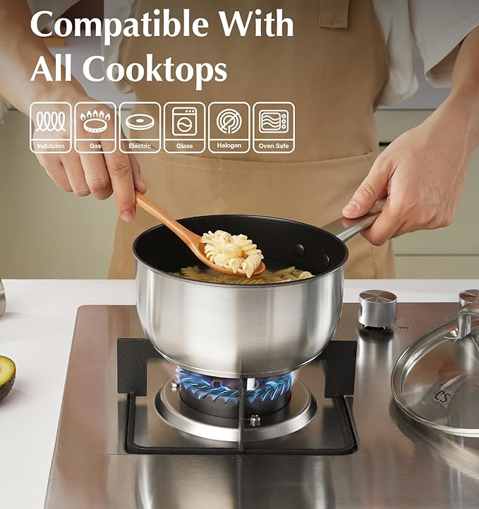 KOCH SYSTEME CS Stainless Steel Saucepan 2 Quart, Stainless Steel Saucepan with Ultra Nonstick Coating, 2 Quart Sauce Pan with Lid, Nonstick Pot 2QT, Easy to Clean, Oven Safe, Induction Compatible