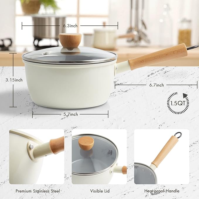ROCKURWOK Ceramic Nonstick Sauce Pan with Lid, 1.5 Qt Small Pots for Cooking, Small Pot Wooden Handle for Cool Touch, Non Toxic & Pfas-Free Saucepan, Universal Base(Gas, Electric & Induction), White