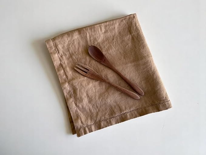 Hemstitched Linen Napkins – 20 Inch x 20 Inch – Stonewashed Pure Linen Cloth Dinner Napkins with Mitered Corners - 100% French Flax – Machine Washable - Set of 4 (Caramel)