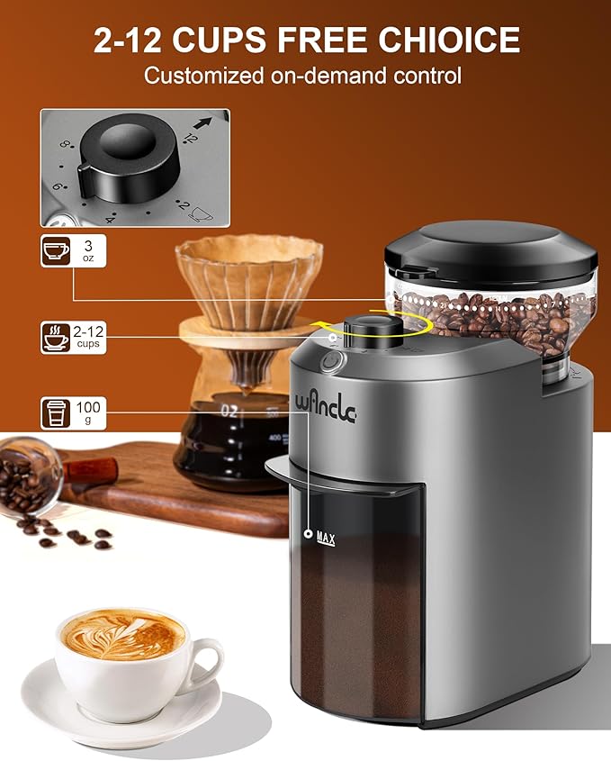 Wancle Coffee Grinder - Electric Burr Coffee Grinder - Adjustable Burr Mill with 28 settings - 12 Cups - Professional Coffee Bean Grinder - Grey