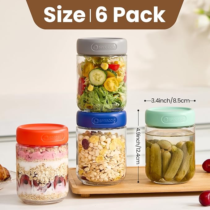 6-Pack 16oz Glass Jars with Airtight Lids,Overnight Oats Containers with Lid,Food Storage Container for Yogurt Chia Pudding Spices Snacks Pickles
