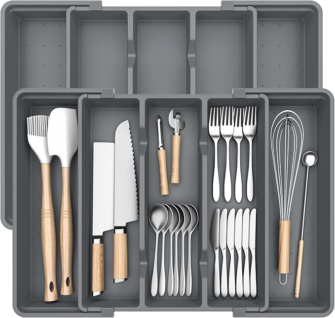 Silverware Organizer, Expandable Utensil Drawer Organizer for Kitchen Drawers, Kitchen Drawer Organizer for Spoons/Forks/Knives, Multipurpose & BPA Free Cutlery Tray, Grey, 2 Pack