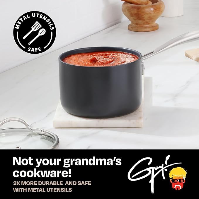 Guy Fieri's Flavortown Laser Titanium 2-Quart Sauce Pan with Lid - Non-stick Cookware Without PFAS, PTFE, or PFOA, 3x More Durable, Dishwasher Safe, Oven Safe
