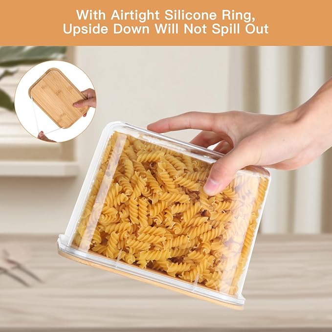 Large Capacity Plastic Food Storage Containers with Bamboo Lid - Moisture-proof Sealing Box Jars with Wooden Lids for Kitchen Storage (128 OZ - L)