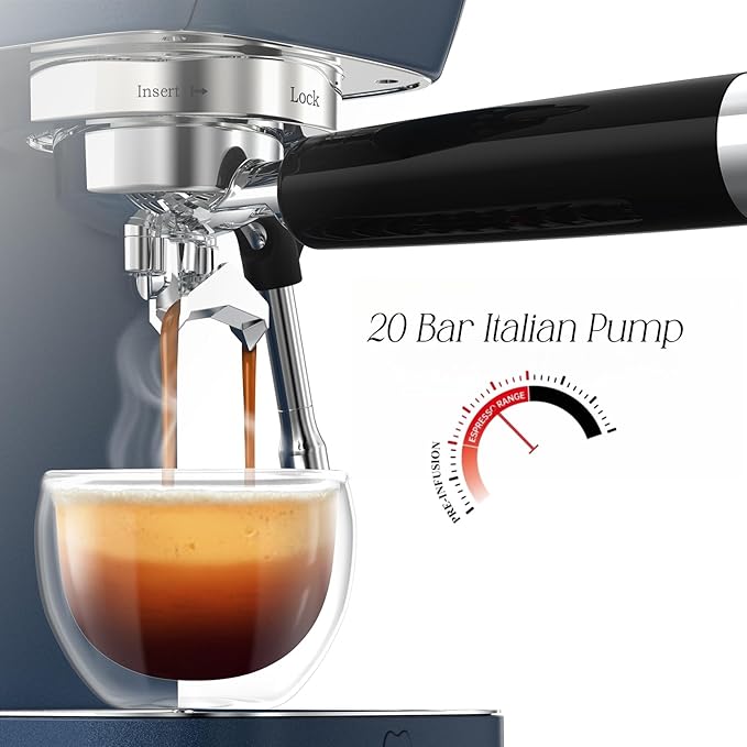 Espresso Machine 20 Bar, Espresso Coffee Maker with Professional Milk Frother Steam Wand for Cappuccino & Latte, 49oz Removable Water Tank for Home, Blue