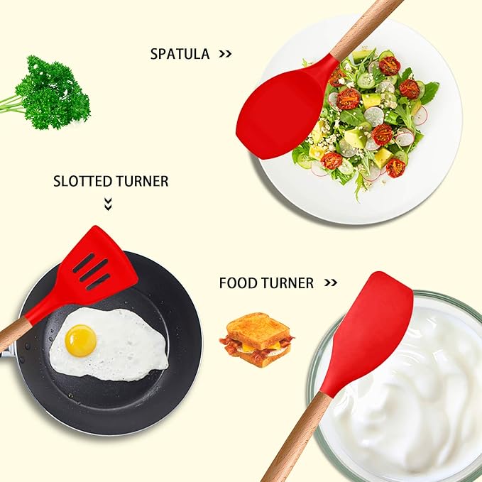 MIBOTE Silicone Cooking Utensils Kitchen Utensil Set - 446°F Heat Resistant,Turner Tongs, Spatula, Spoon, Whisk, Wooden Handle Kitchen Gadgets with Holder for Nonstick Cookware Christmas (Red)