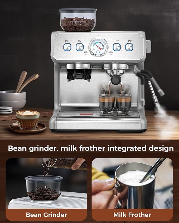 COWSAR Espresso Machine with Grinder, 2025 Upgraded Espresso Machine 15 Bar, Expresso Machine with Milk Frother Steam Wand, 75 Oz Removable Water Tank for Cappuccino, Latte, Stainless Steel