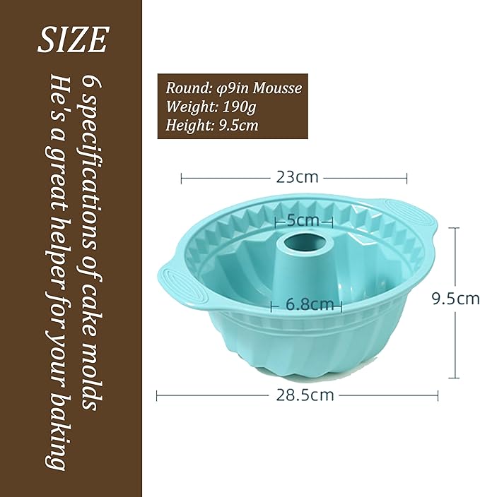 Thickened Silicone Bundt Cake Pan and Moldes Para Gelatinas, Heavy Duty Mousse Cake Rotundity Spiral Pattern Mold for Baking, BPA Free, Mint Green (Round: φ9in / 1 Pcs)
