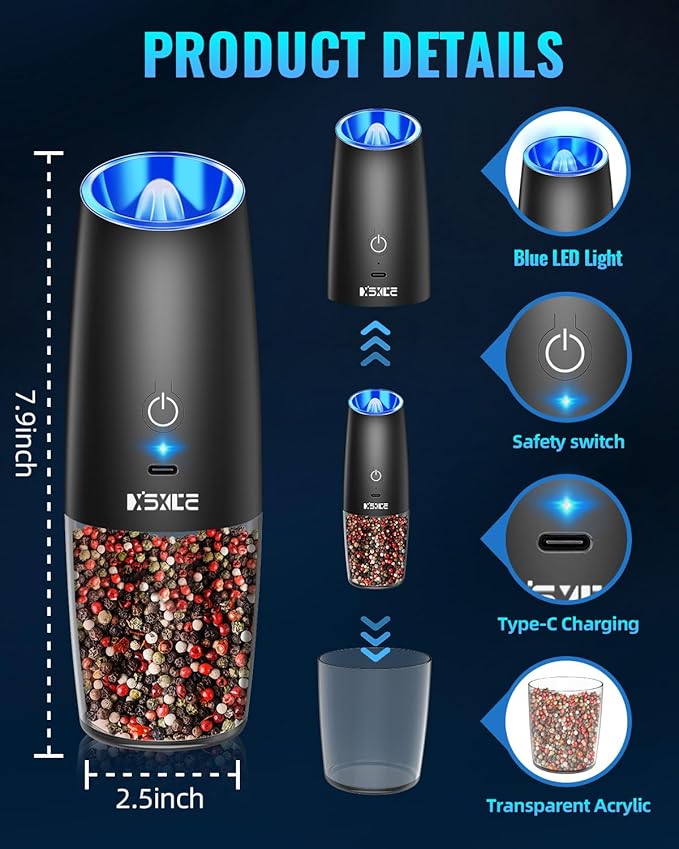 XinXu Rechargeable Pepper and Salt Grinder Set, No Battery Needed, whit Gravity Sensing Switch and LED Light, One Hand Automatic Operation -Black/2 Pack