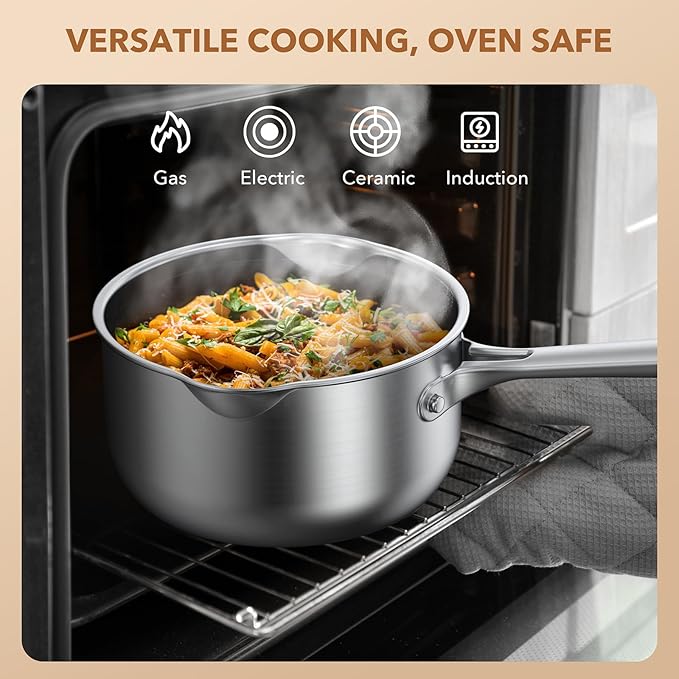 PekGema Stainless Steel Saucepan 3 Quart with Glass Strainer Lid, Thicken Tri-ply Full Sauce Pot, Two Side Spouts for Easy Pour, Dishwasher Safe, Induction Ready, Compatible with All Cooktops