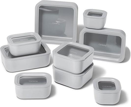 Caraway 25pc Glass Food Storage Set - Glass Storage Containers for Food - Non-Toxic Ceramic-Coated Glass - Air Release Technology - Compact & Stackable Design - Gray