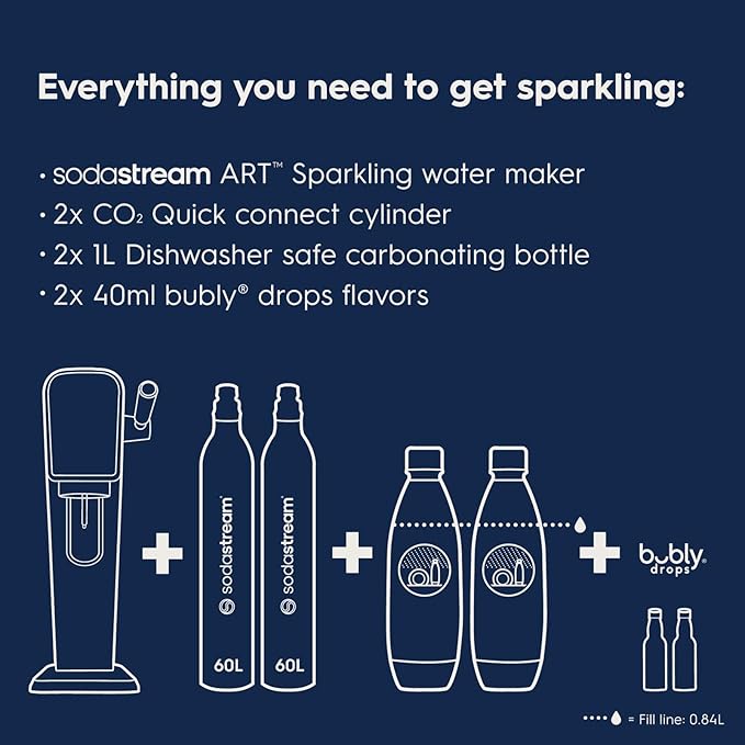 SodaStream - ART Sparkling Water Maker | VALUE BUNDLE | CQC CO2 system | Includes 2x CO2 Cylinders, 2x 32 Fl Oz Dishwasher Safe Bottles, 2x Bubly Flavor Drops | Combine with Pepsi Flavors | Misty Blue