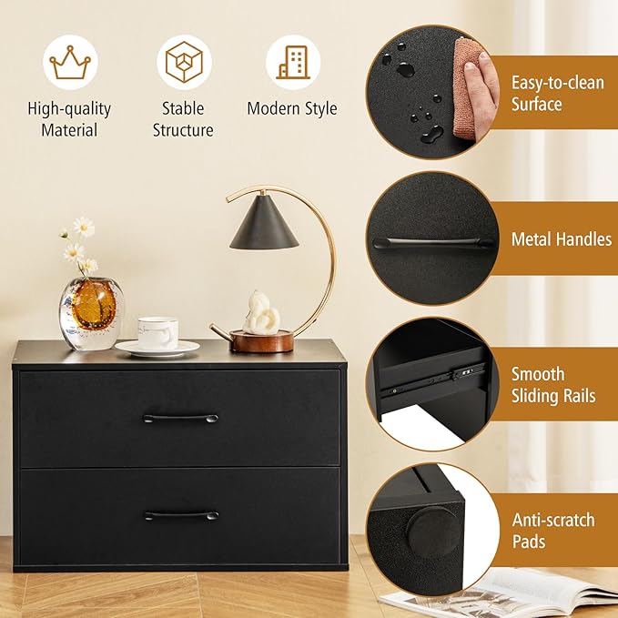 Giantex Stackable Drawers for Closet, 2-Drawer Short Dresser, Multi-Purpose Storage Cube with Anti-Scratch Pads, Anti-Tipping Devices, Storage Cabinet for Living Room, Entryway, Home Office (1, Black)