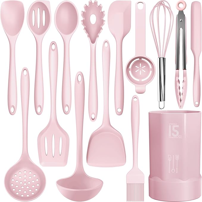 Silicone Cooking Utensils Set - 446°F Heat Resistant Kitchen Utensils,Turner Tongs,Spatula,Spoon,Brush,Whisk,Kitchen Utensil Gadgets Tools Set for Nonstick Cookware,Dishwasher Safe BPA Free(Pink)
