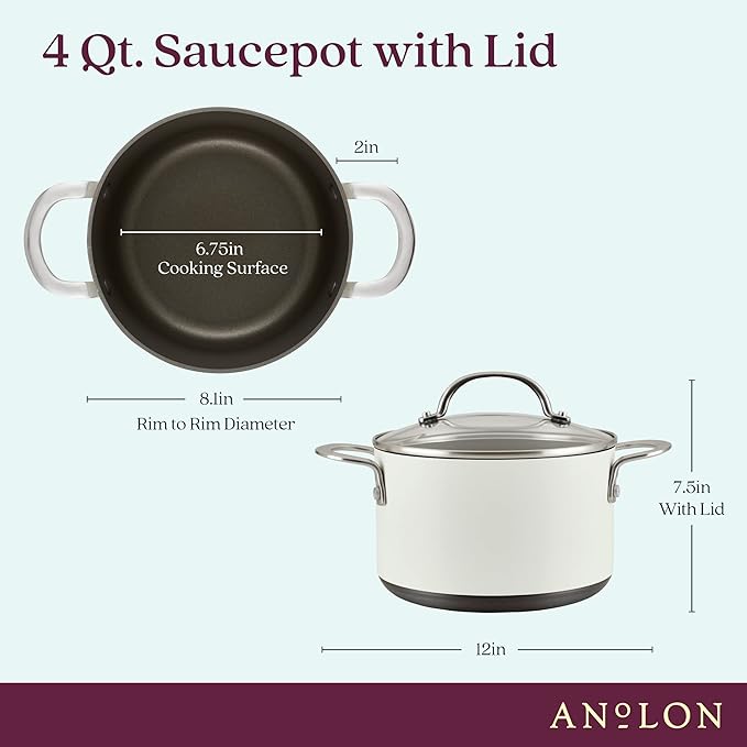 Anolon Achieve Hard Anodized Nonstick Saucepot with Lid, 4 Quart, Cream