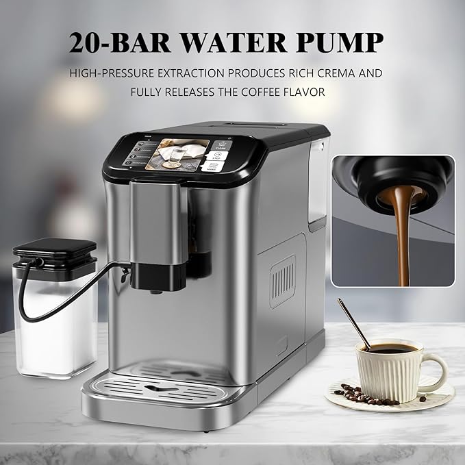 Fully Automatic Espresso Machine with Smart TFT Touchscreen, Brewing System and Automatic Milk Frothing System, 6 One-Touch Programs, 1.5L Detachable Water Tank for Home/Office Use, Grey
