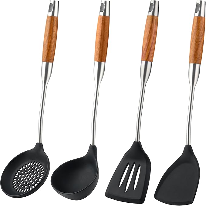 FJNATINH Silicone Spatula,Turner,Ladle,Skimmer Tool Set,Stainless Steel Non Stick Heat-Resistant Cooking Utensils BPA Free Kitchen Utensils Cookware Wooden Handle,4 Pieces