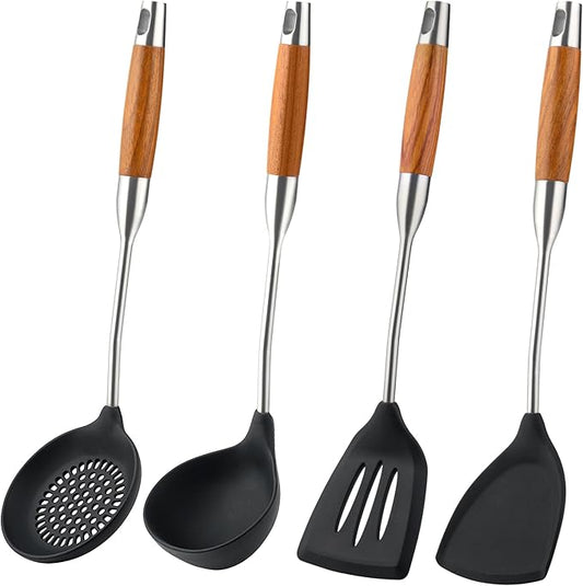FJNATINH Silicone Spatula,Turner,Ladle,Skimmer Tool Set,Stainless Steel Non Stick Heat-Resistant Cooking Utensils BPA Free Kitchen Utensils Cookware Wooden Handle,4 Pieces