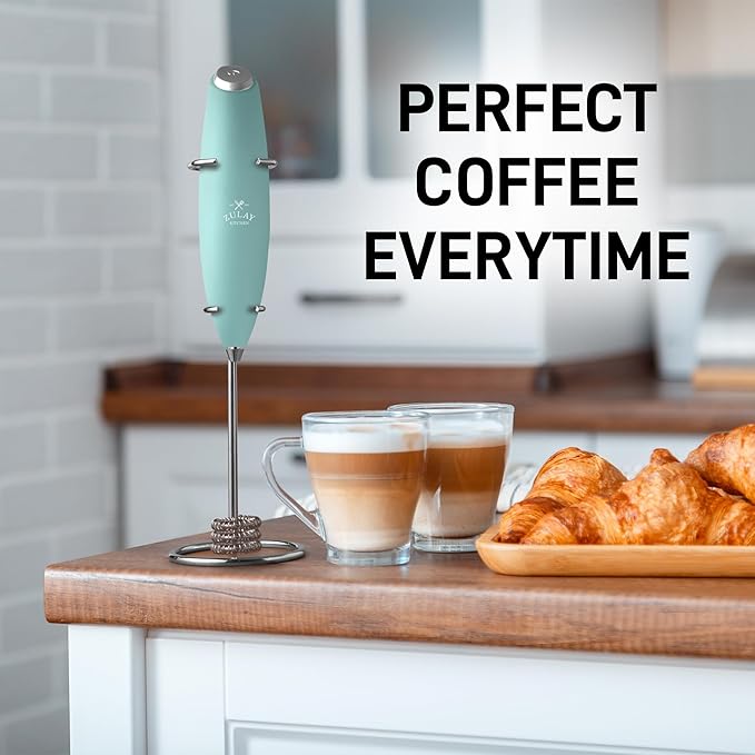 Zulay Kitchen Tornado Whisk Milk Frother with 4 AA Duracell Batteries - Triple Whisk for More Power - Handheld Coffee Frother with Stand - Drink Mixer for Lattes, Matcha & Protein Shakes
