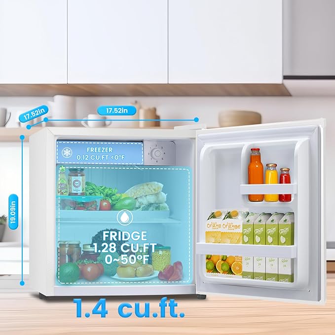 1.4 Cu.ft Mini Fridge with Freezer, Compact Refrigerator, Single Reversible Door, Ultra Quiet, Energy Efficient for Office, Dorm, Bedroom, Apartment, White