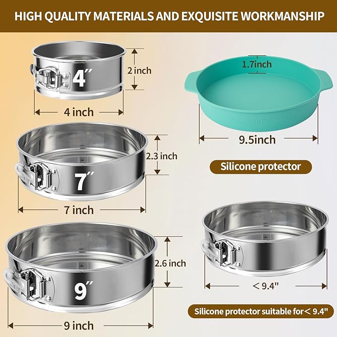 4, 7, 9 Inches Springform Pan Set of 3-304 Stainless Steel Nonstick Springform Cake Pan Set with Removable Bottom, 10 Inch Leakproof Silicone Cheesecake Pan Protector with 60 Pcs Parchment Paper