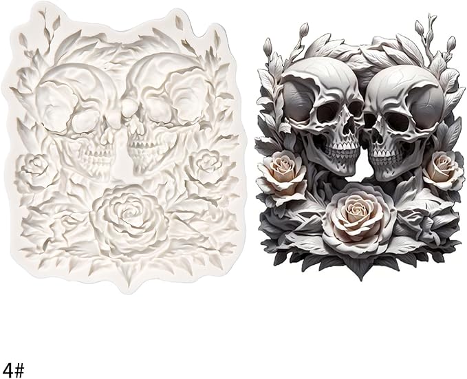 (Four-piece set) Heart-shaped flowers, skeleton girl, skull flowers, DIY silicone mold, cake chocolate mold wedding cake decoration tool marshmallow cake mold