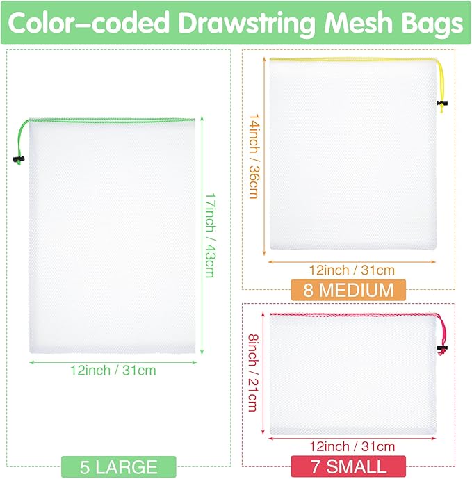 Frienda 20 Pcs Mesh Bags for Toys Storage 3 Sizes Reusable Produce Bags with Drawstring for Beach Bath Pool Toy Organizer, Fruits Vegetable Grocery Playroom Storage(Green, Yellow, Rose Red)