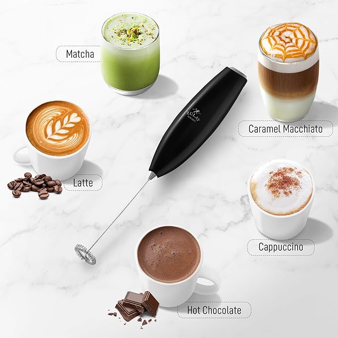 Zulay Kitchen Milk Frother Handheld Electric Whisk with AA Duracell Batteries – Durable Drink Mixer for Coffee, Lattes, Cappuccinos & More - Metallic Black