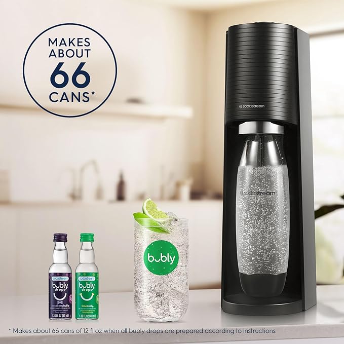 SodaStream Terra Sparkling Water Maker Bundle (Black), with CO2, DWS Bottles, and Bubly Drops Flavors