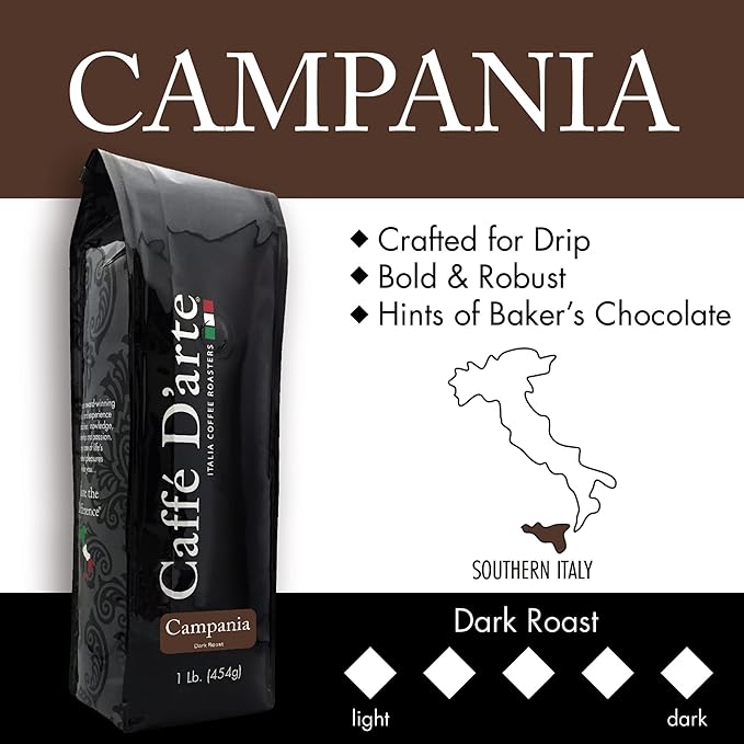 Caffe D'arte Campania Whole Bean Coffee, Dark Roast, Bold & Robust with Chocolate Notes, Fresh Roasted in Seattle, 1 Pound Bag, Pack of 2