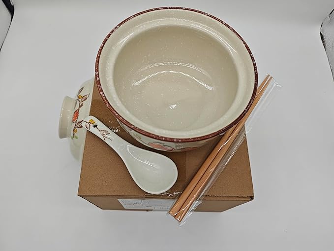 Ceramic Ramen Bowl Set, 800ml, with Lid, Spoon and Chopsticks, Japanese Vintage Large Soup Bowls Instant Noodle Bowl Asian Tableware (Bird*1)