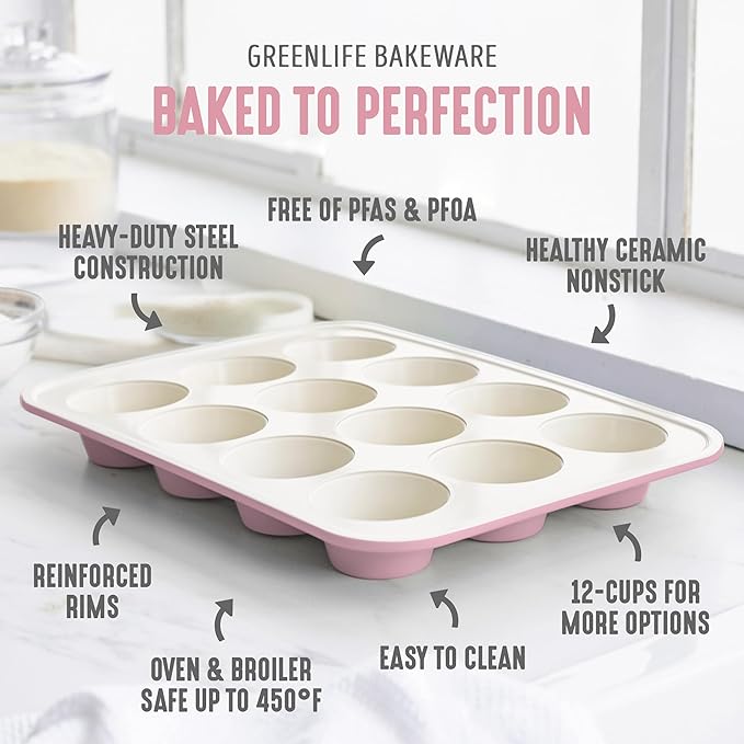 GreenLife 12-Cup Muffin Pan, Healthy Ceramic Nonstick Bakeware, PFOA & PFAS-Free Cupcake Sheet, Durable, Versatile Kitchen Essentials, Easy Clean Muffin Mold, Pink