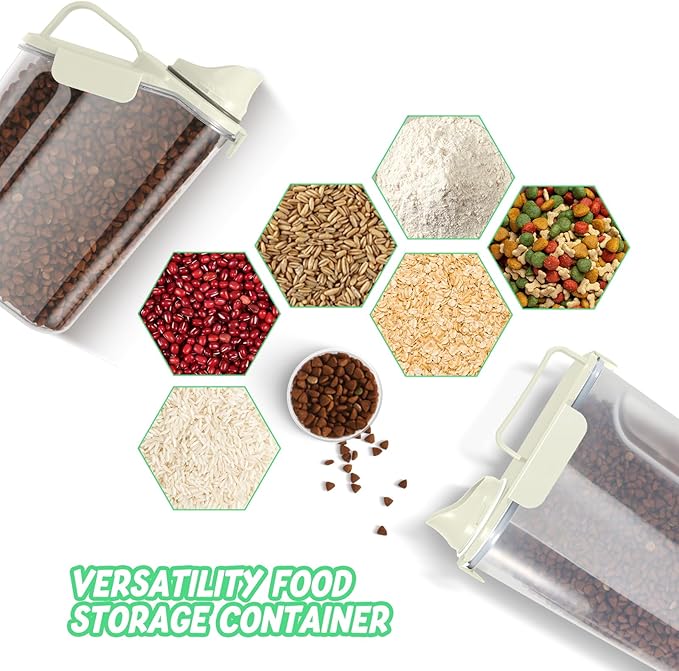 Dog Food Storage Container, Upgraded Large Nozzle BPA-free, 3-5 LBS Plastic Pet Food Storage Containers, With 4 Sealed Clasps, 1 Measuring Cup and Handle (Beige-A)