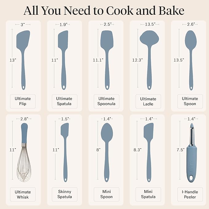 GIR: Get It Right 10-Piece Spatula Set & Silicone Utensils for Kitchen - Slate - Heat Resistant to 425°F - Dishwasher Friendly - Includes Ladle, Whisk, Potato Peeler & Kitchen Spoons
