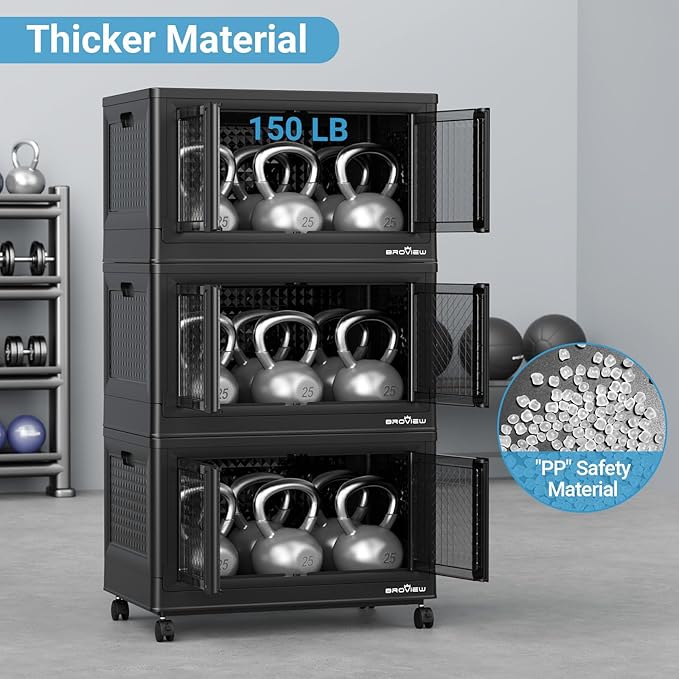 BROVIEW 600Qt Stackable Storage Bins with Lids, 150Gal Closet Organizers and Storage Drawer, Plastic Collapsible Storage Bins with Doors, Heavy Duty Store Box Cabinet for Home Kitchen, 6Pack Black